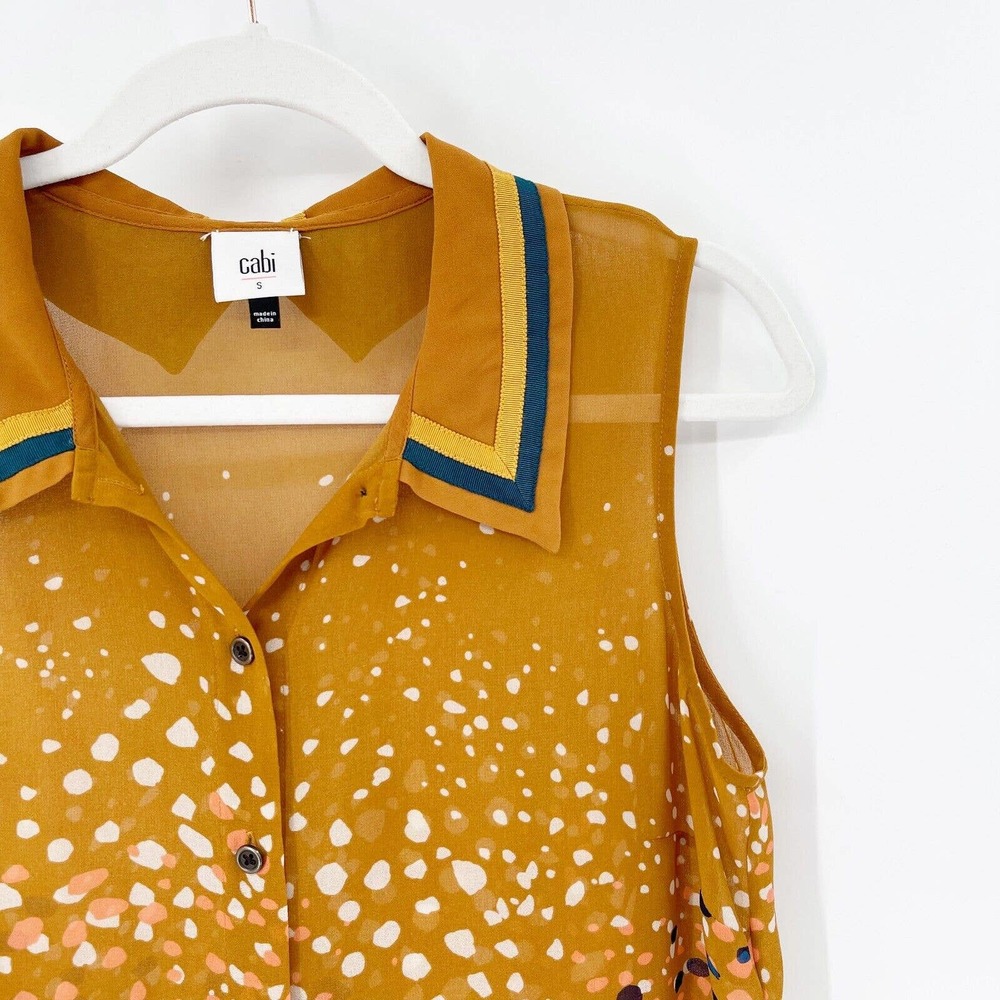 Cabi‎ Cheers Collared Tank Blouse Sz S Yellow Paintbrush Stroke Button Up Sheer - Picture 2 of 7